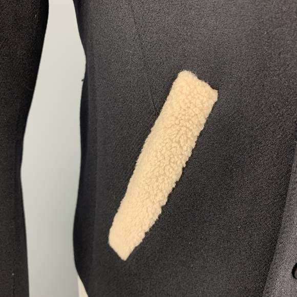 CY CHOI Size S Navy Double Breasted Shearling Trim Coat - Picture 2 of 6